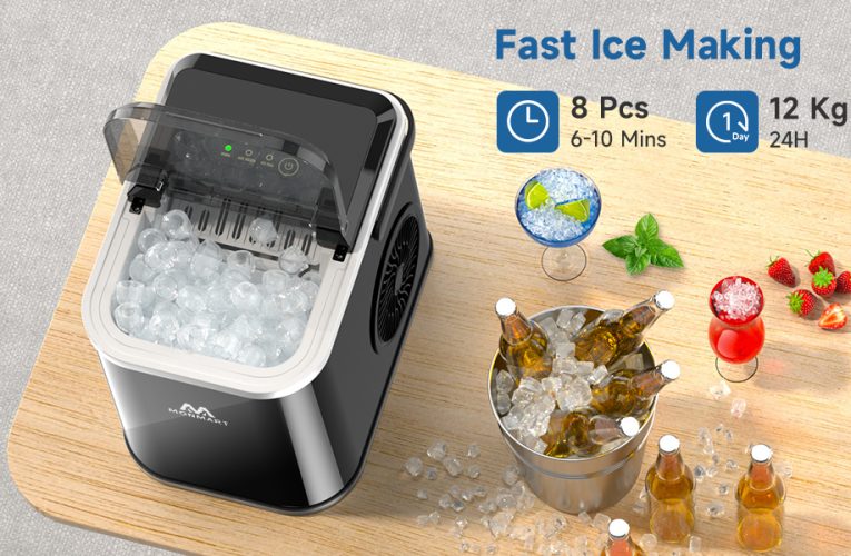 Movers & Shakers in Appliances On Amazon, Only $69 – Top – Notch Best Ice Maker Countertop, LED Display Portable Ice Maker Machine with Handle, 26.5lbs/24Hrs, 8 Cubes in 6-9 Mins, Self-Cleaning Ice Makers with Ice Scoop and Basket for Home, Kitchen, Office, Bar