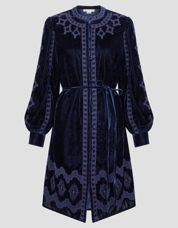 Monsoon Ivy Embroidered Velvet Mini Dress Blue - Image 5