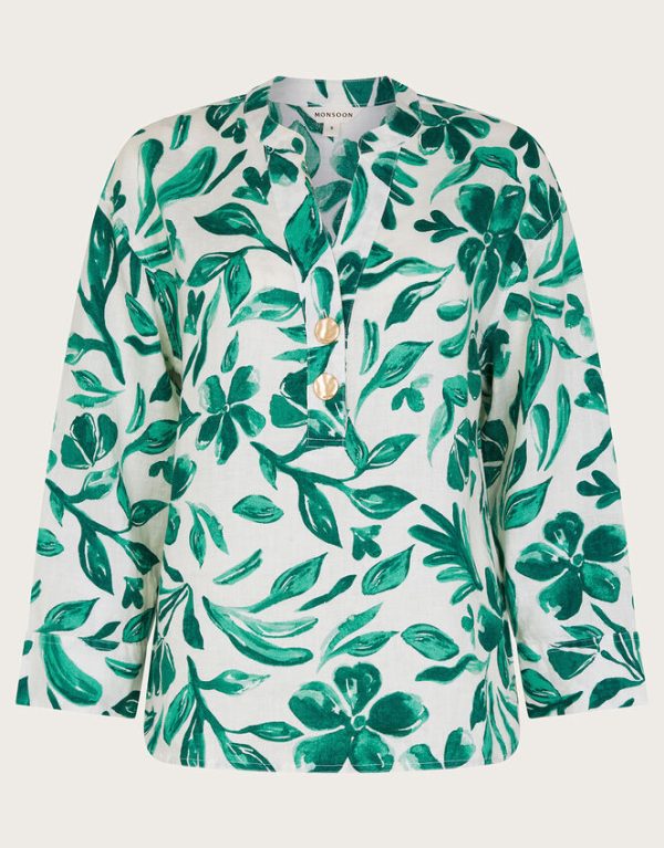 Monsoon Naomi Print Linen Blouse Green - Image 5