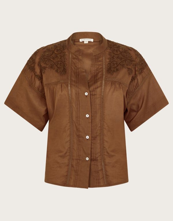 Monsoon Aerin Embroidered Short Sleeve Blouse Brown - Image 6