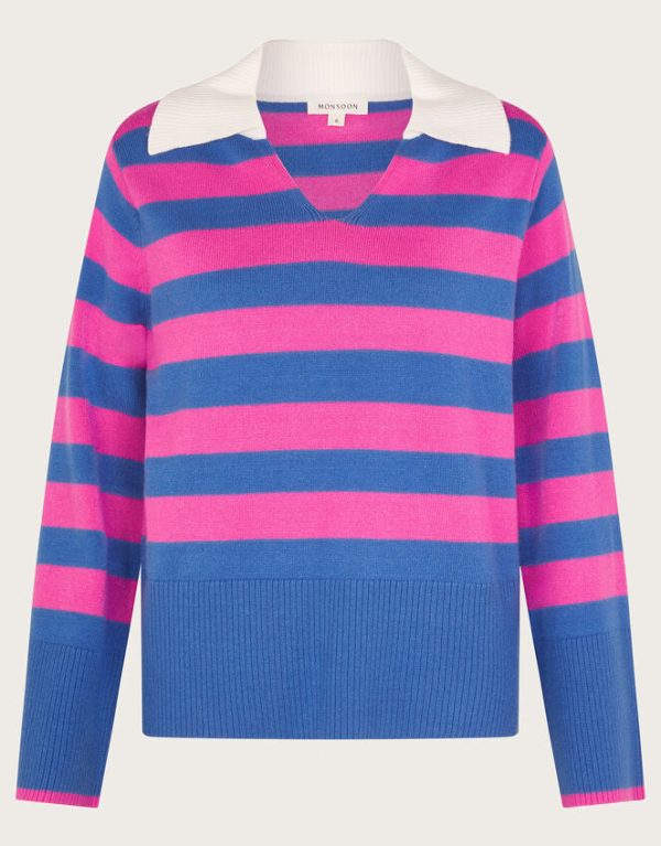 Monsoon Shay Stripe Collared Jumper Pink - Image 5