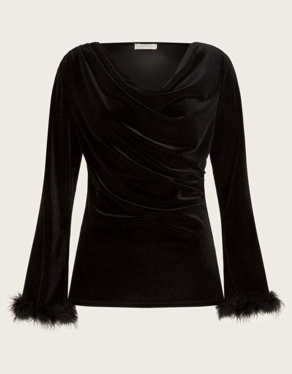 Monsoon Fay Velvet Feather Sleeve Cowl Top Black - Image 6