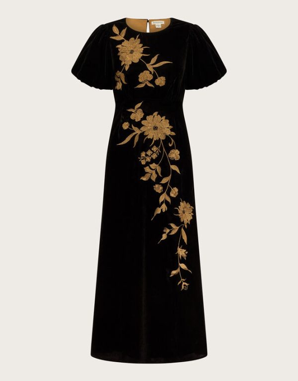 Monsoon Kendra Embroidered Floral Velvet Midi Dress Black - Image 6