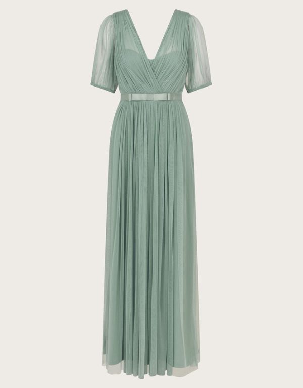 Monsoon Ellie Sheer Sleeve Plunge Tulle Maxi Dress Green - Image 5