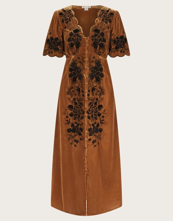 Monsoon Cleo Embroidered Velvet Dress Copper - Image 6