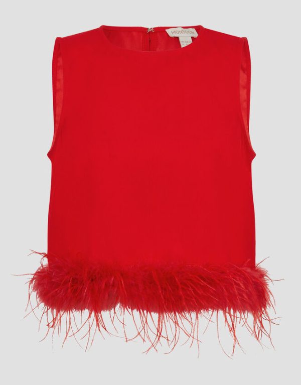 Monsoon Monsoon x Sarah Corbett-Winder Feather Trim Crop Top Red - Image 6