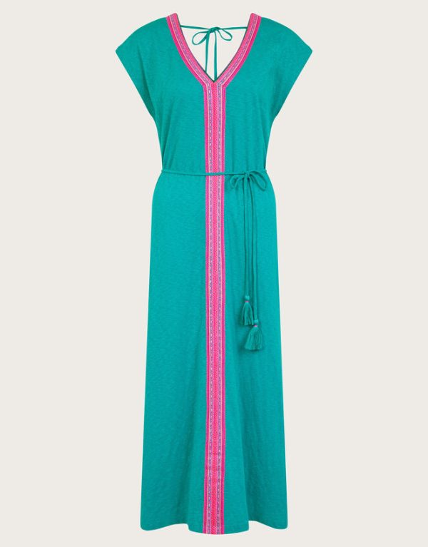 Monsoon Estela Embroidered Jersey Kaftan Dress Teal - Image 5