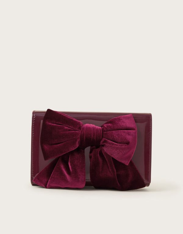 Monsoon Paige Velvet Bow Patent Clutch Bag Red