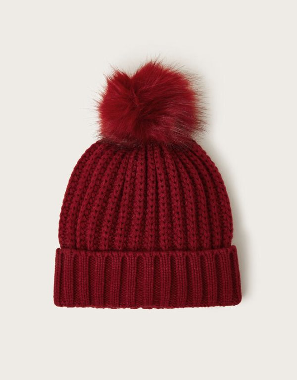 Monsoon Lilia Ribbed Faux Fur Bobble Hat Red