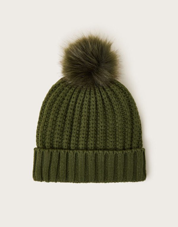 Monsoon Lilia Ribbed Faux Fur Bobble Hat Green