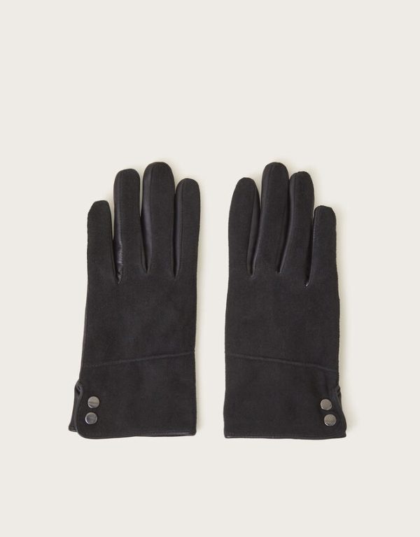 Monsoon Ula Leather Suede Button Gloves Black