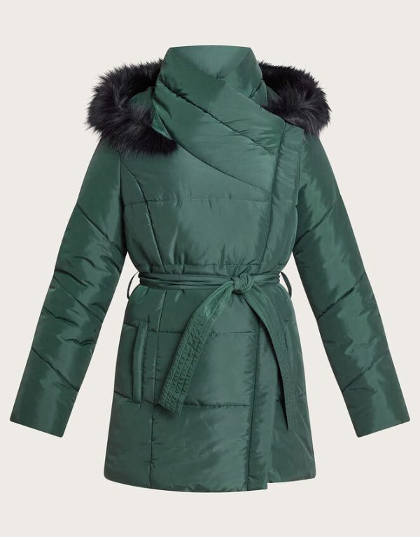 Monsoon Pauline Faux Fur Hood Puffer Coat Green - Image 5