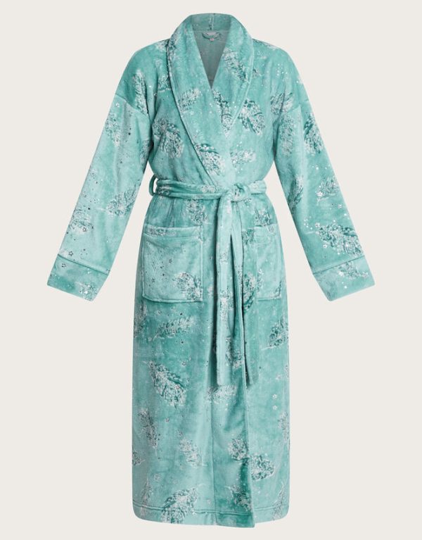 Monsoon Feather Print Foil Dressing Gown Teal - Image 5