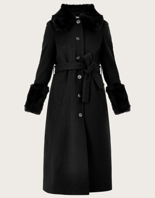 Monsoon Felicity Faux Fur Trim Belted Wool Blend Coat Black - Image 4