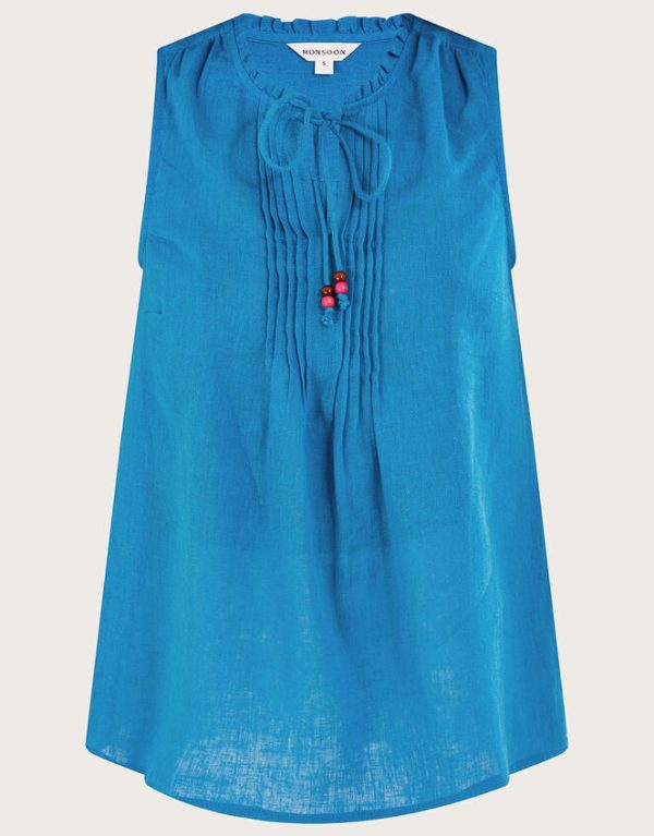 Monsoon Long Line Tank Top in Linen Blend Blue - Image 5