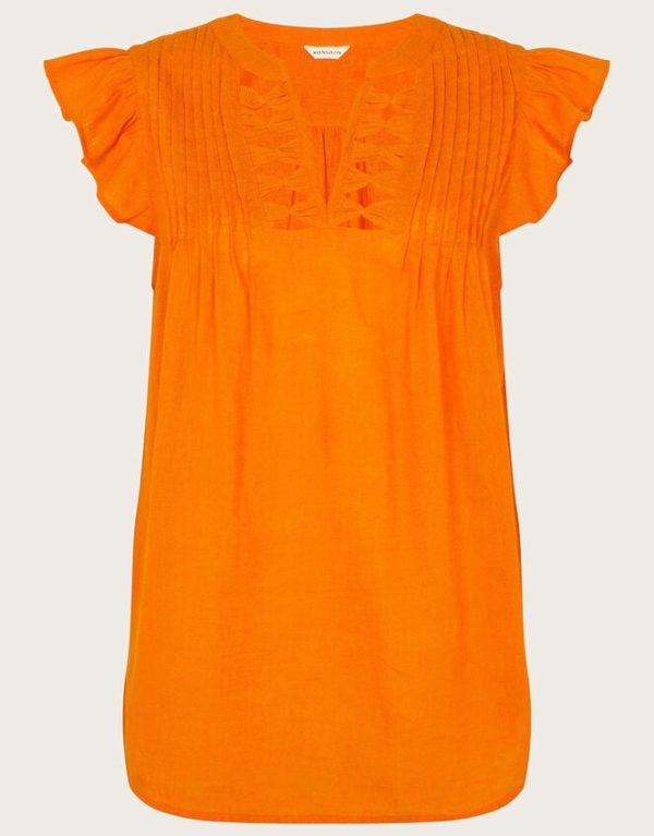 Monsoon Flutter Sleeve Neck Detail Top in Linen Blend Orange - Image 5