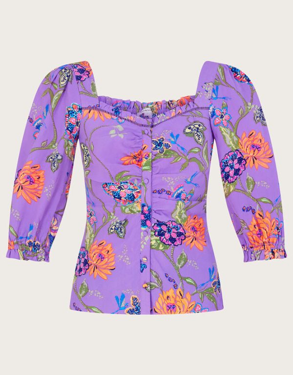 Monsoon Regina Print Puff Sleeve Top Purple - Image 5