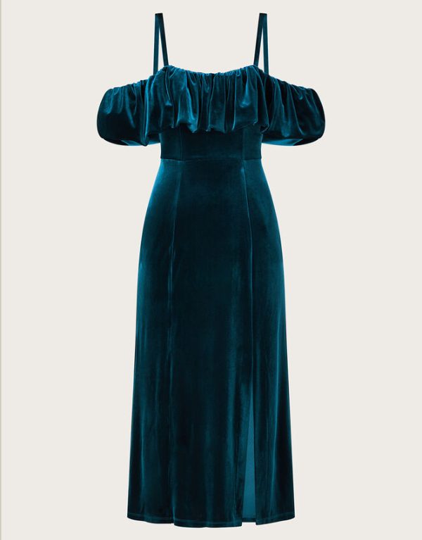 Monsoon Agatha Velvet Bardot Dress Teal - Image 5