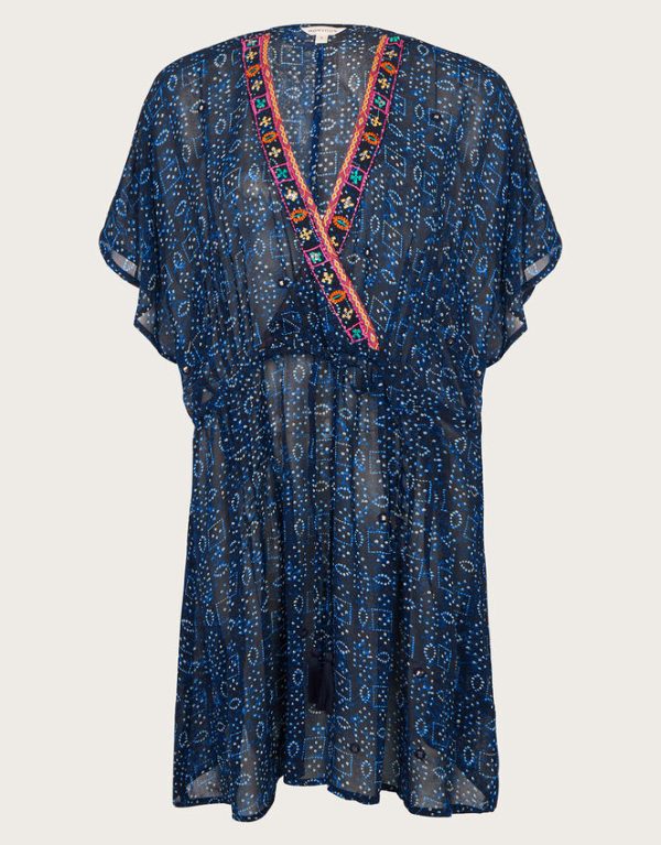 Monsoon Print Embroidered Kaftan Dress Blue - Image 5