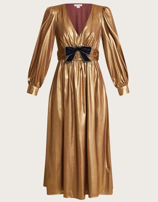 Monsoon Gracie Bow Midi Dress Gold - Image 5