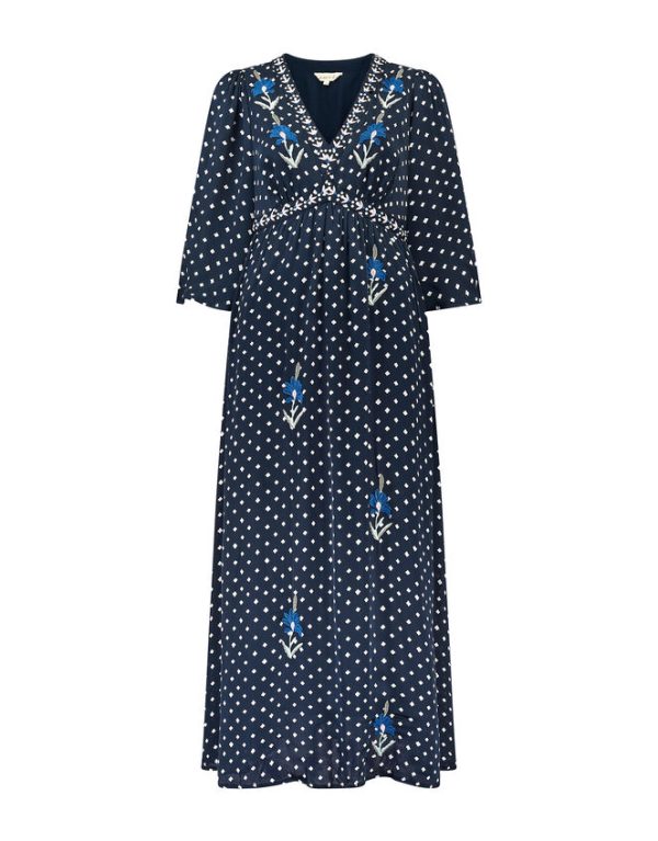 Monsoon East Embroidered Satin Dress Blue - Image 6