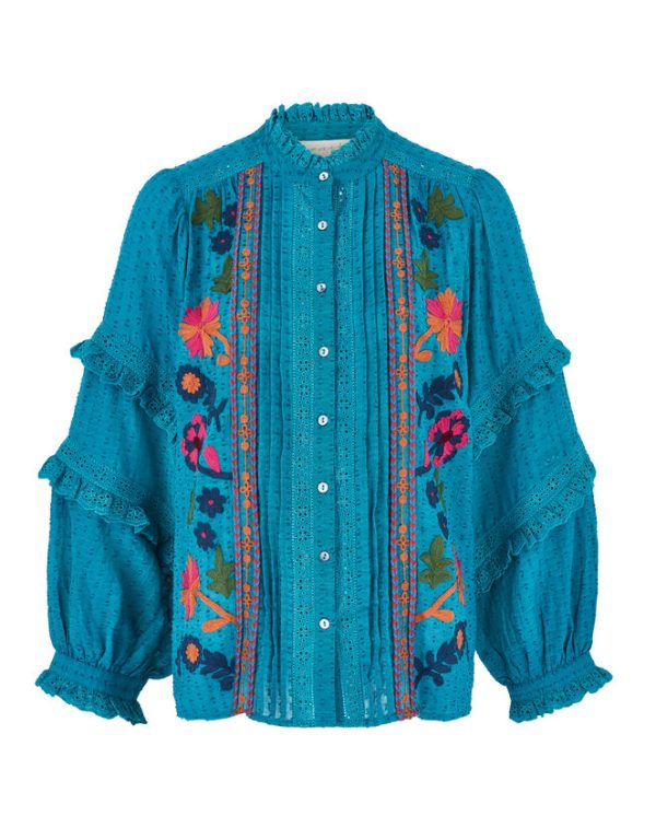 Monsoon East Embroidered Ruffle Sleeve Blouse Green - Image 7