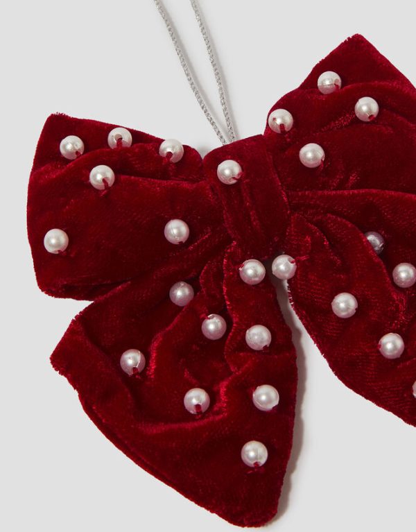 Monsoon Embellished Pearl Bow Christmas Tree Decoration Red - Image 3