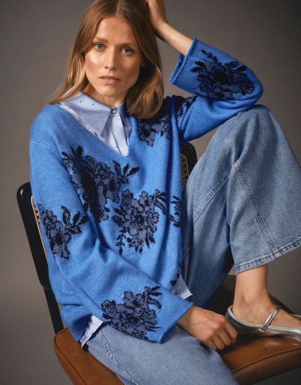 Monsoon Jess V-Neck Floral Jacquard Jumper Blue - Image 7