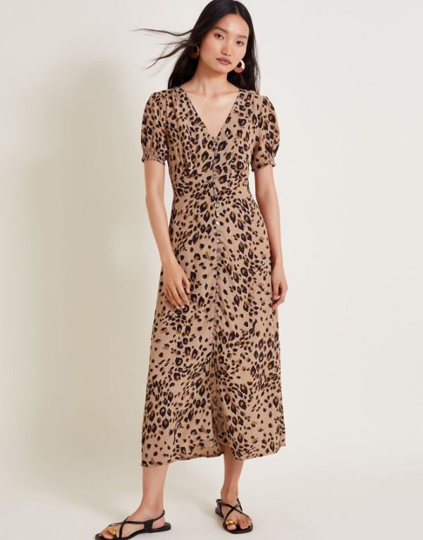 Monsoon Raife Midi Leopard Print Tea Dress Natural