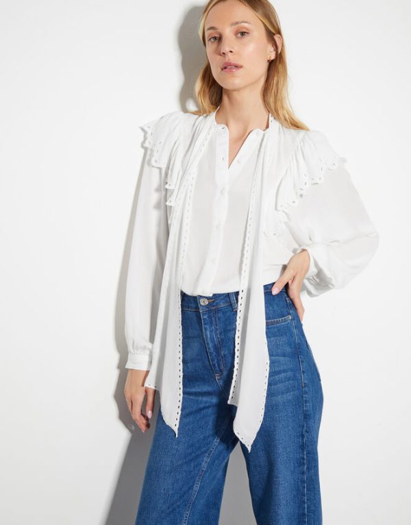 Monsoon Cassie Broderie Frill Tie-Neck Blouse Ivory