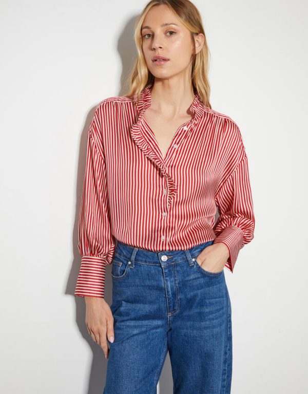 Monsoon Nancy Ruffle Satin Candy Stripe Blouse Red