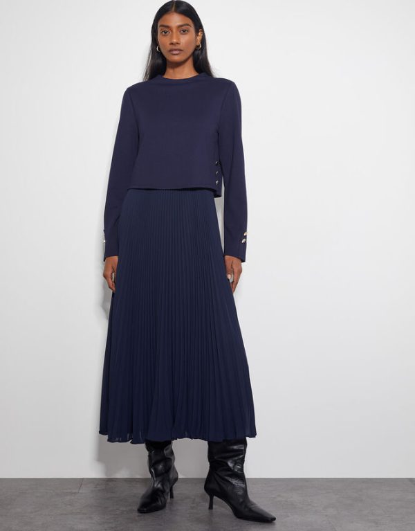 Monsoon Penny Long Sleeve Pleated Midi Dress Blue