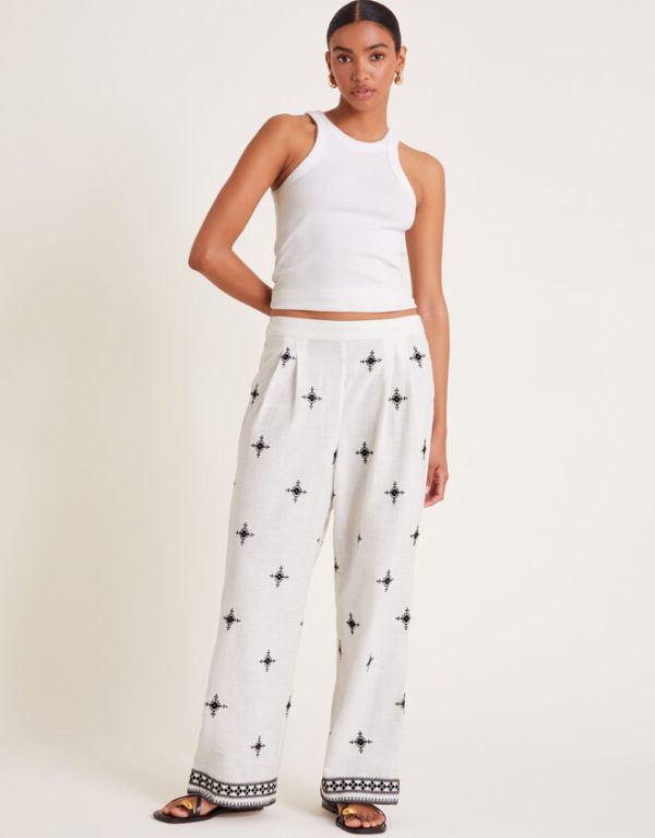 Monsoon Eleanor Embroidered Trousers Ivory