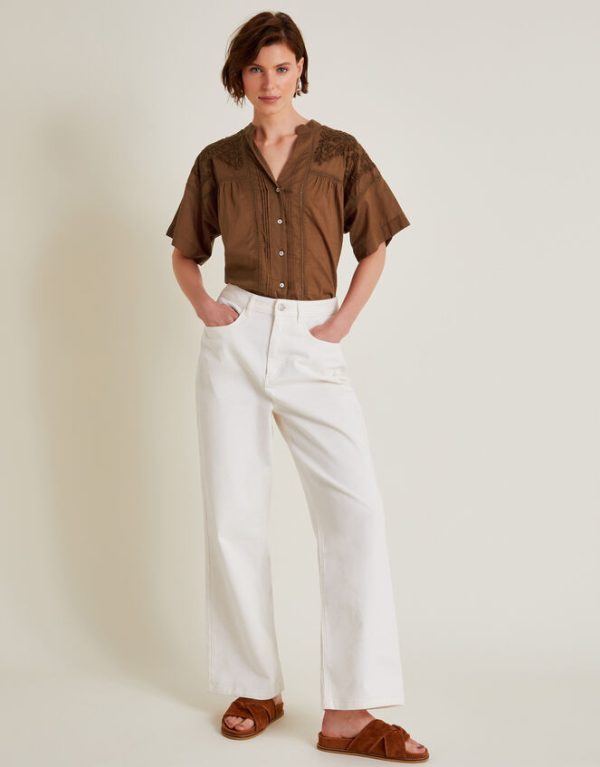 Monsoon Aerin Embroidered Short Sleeve Blouse Brown