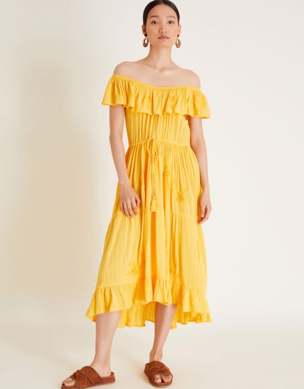 Monsoon Avani Bardot Ruffle Dress Yellow