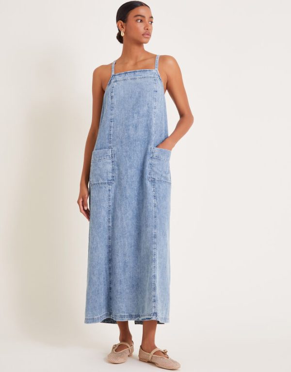 Monsoon Sian Denim Pinafore Midi Dress Blue