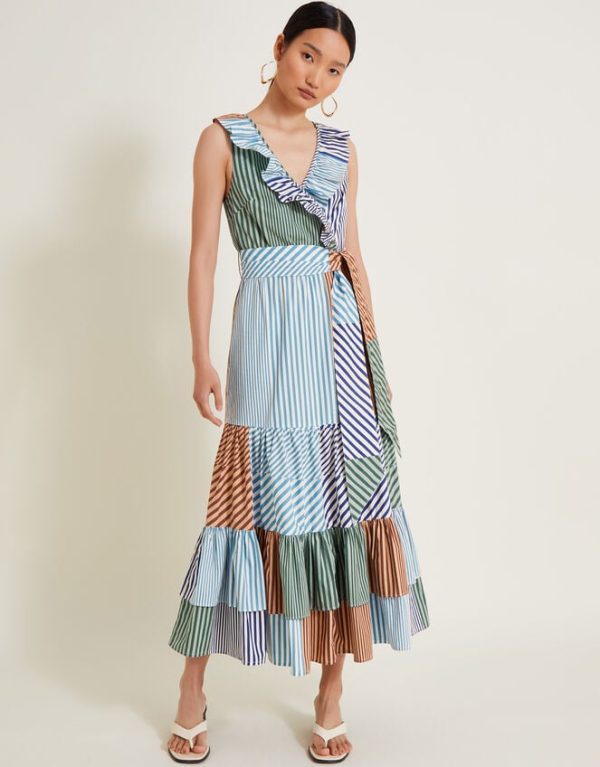 Monsoon Carrie Stripe Ruffle Dress Blue