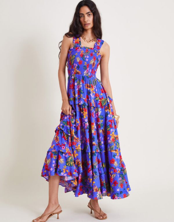 Monsoon Miley Floral Smocked Ruffle Maxi Dress Blue