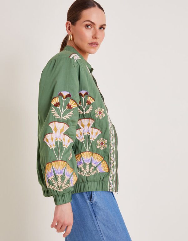 Monsoon Cristina Embroidered Bomber Jacket Green