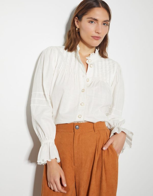 Monsoon Rose Long Sleeve Frill Pleat Shirt White