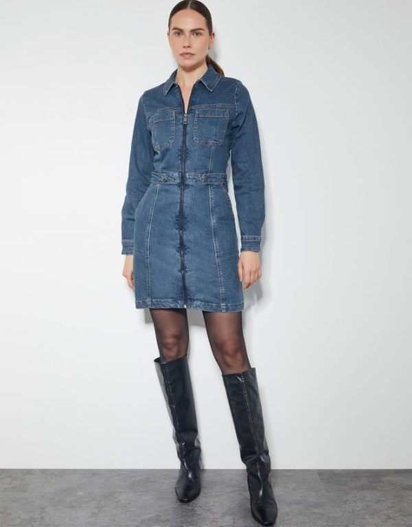 Monsoon Margo Long Sleeve Denim Mini Dress Blue