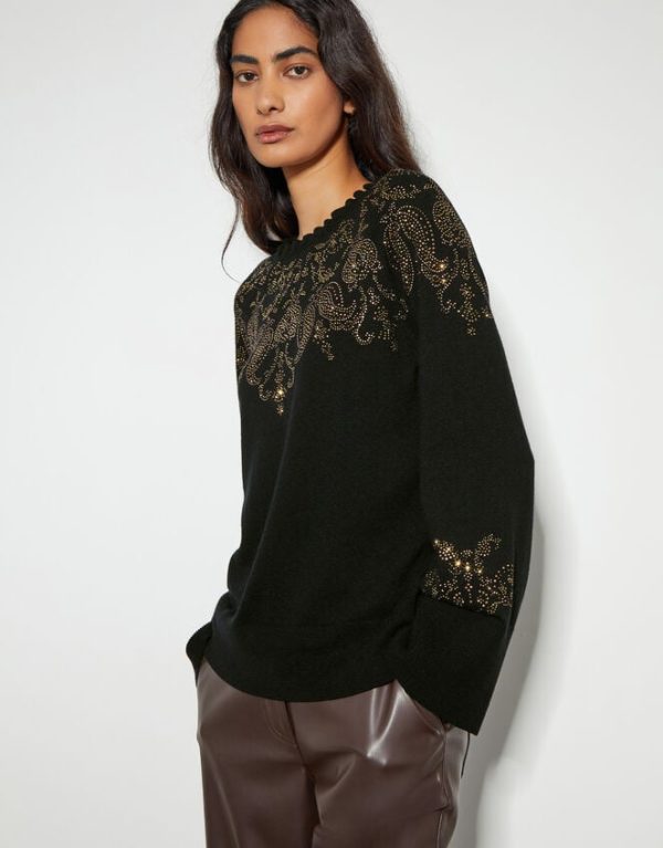 Monsoon Fay Embellished Fair Isle Jumper Black