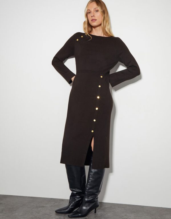 Monsoon Ciara Button Midi Jumper Dress Brown