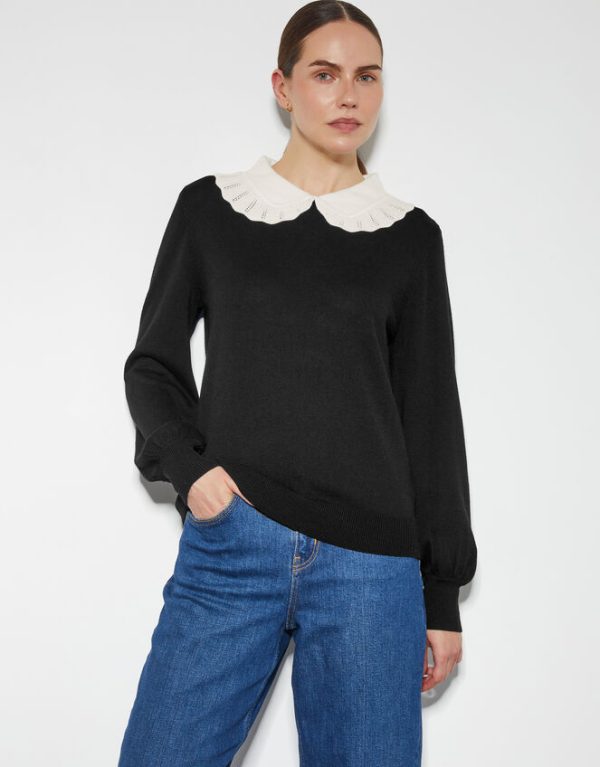 Monsoon Cleo Pointelle Collar Jumper Black