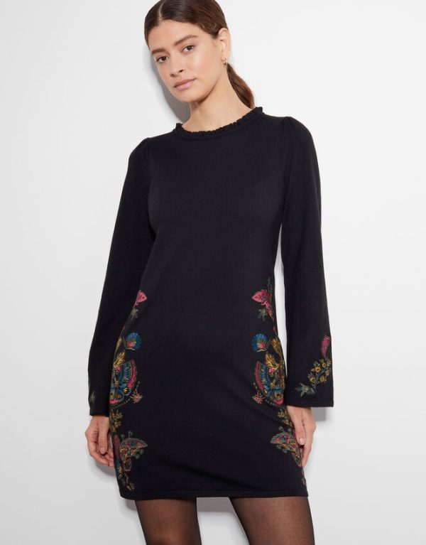 Monsoon Elle Embroidered Tunic Dress Black