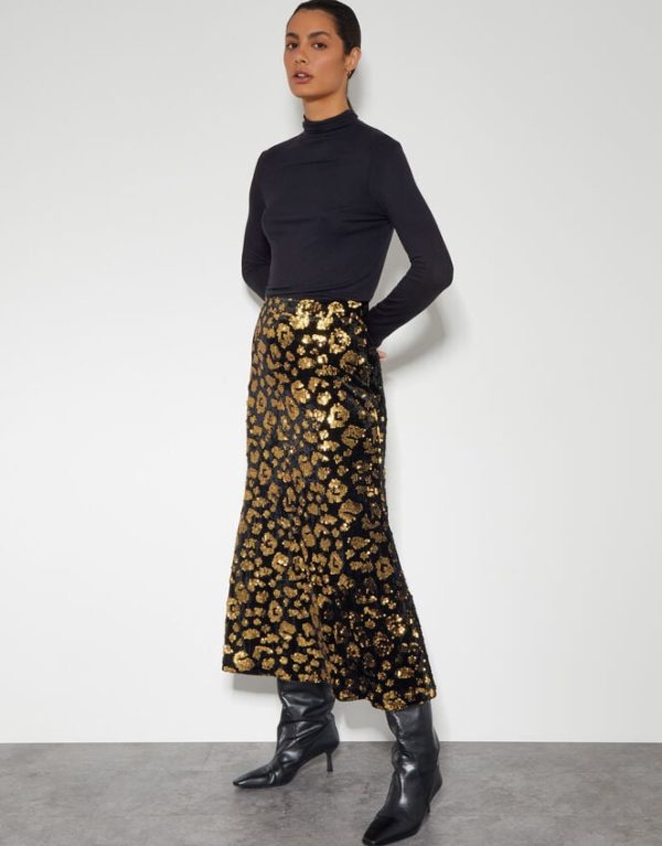 Monsoon Arwen Sequin Leopard Velvet Midi Skirt Black