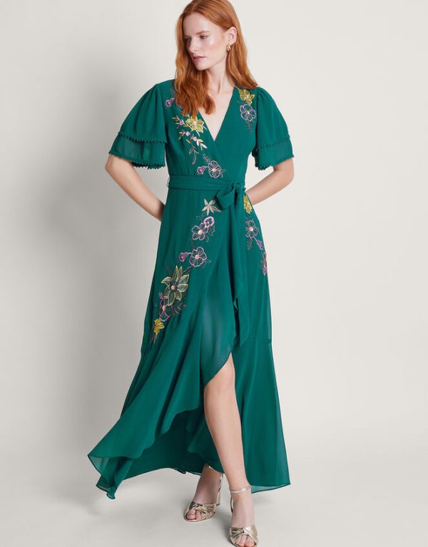 Monsoon Wanda Floral Embellished Dress Teal