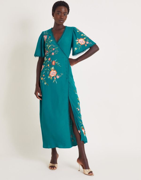 Monsoon Maya Floral Embroidered Midi Dress Teal