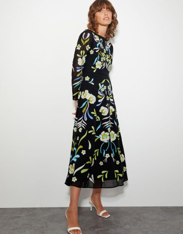 Monsoon Ellen Embroidered Floral Midi Dress Black