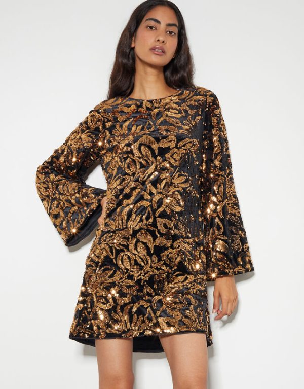 Monsoon Anna Flute Sleeve Sequin Velvet Mini Dress Black